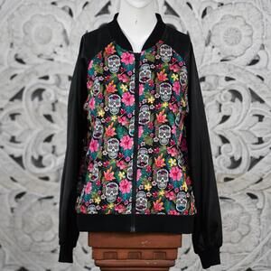 BANNED Skull Floral Bomber Jacket Black Cotton L Gothic Day of the Dead Festival